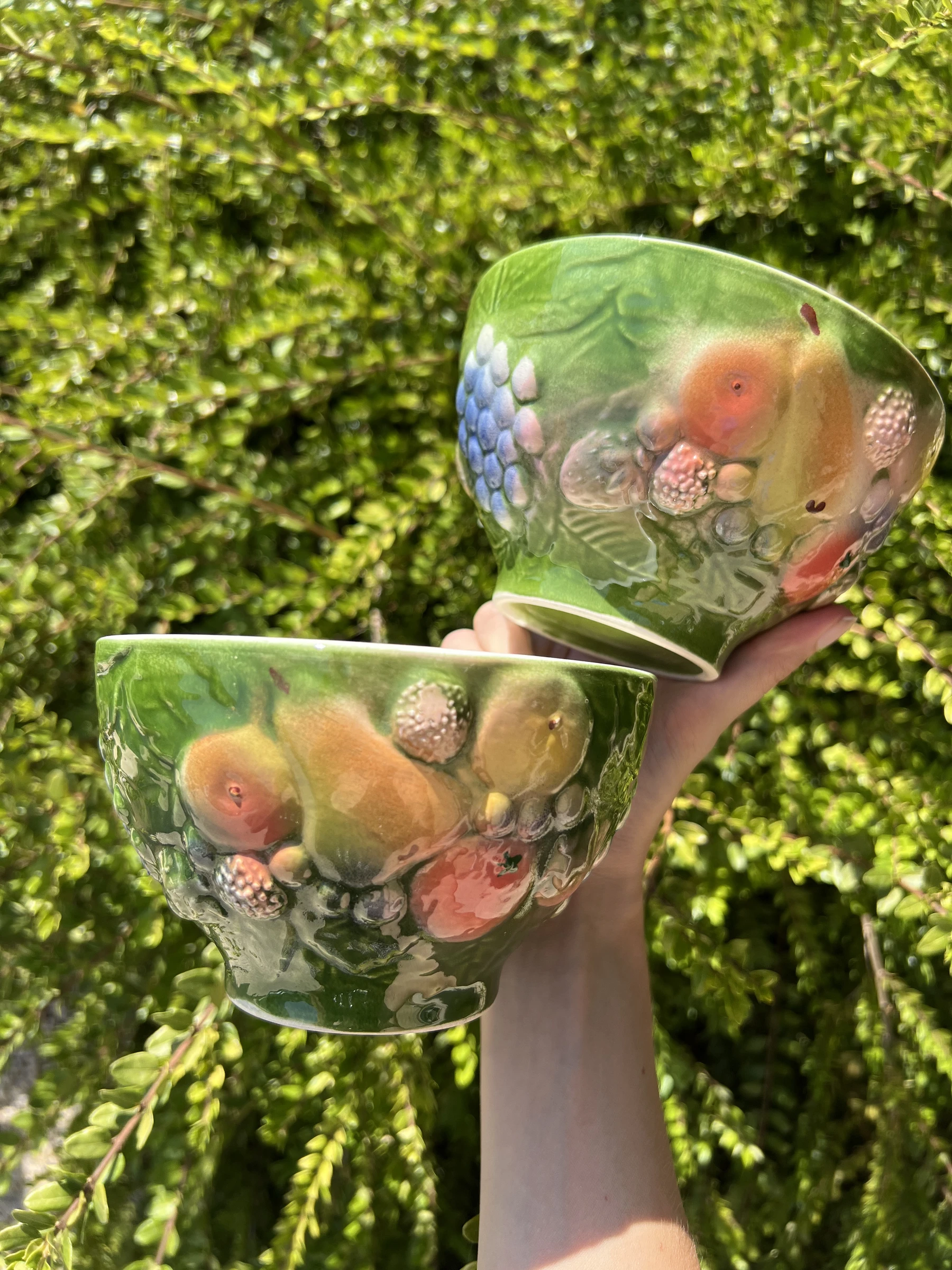 🍇 2 bols céramique barbotine fruits vintage relief 14 cm très bon état